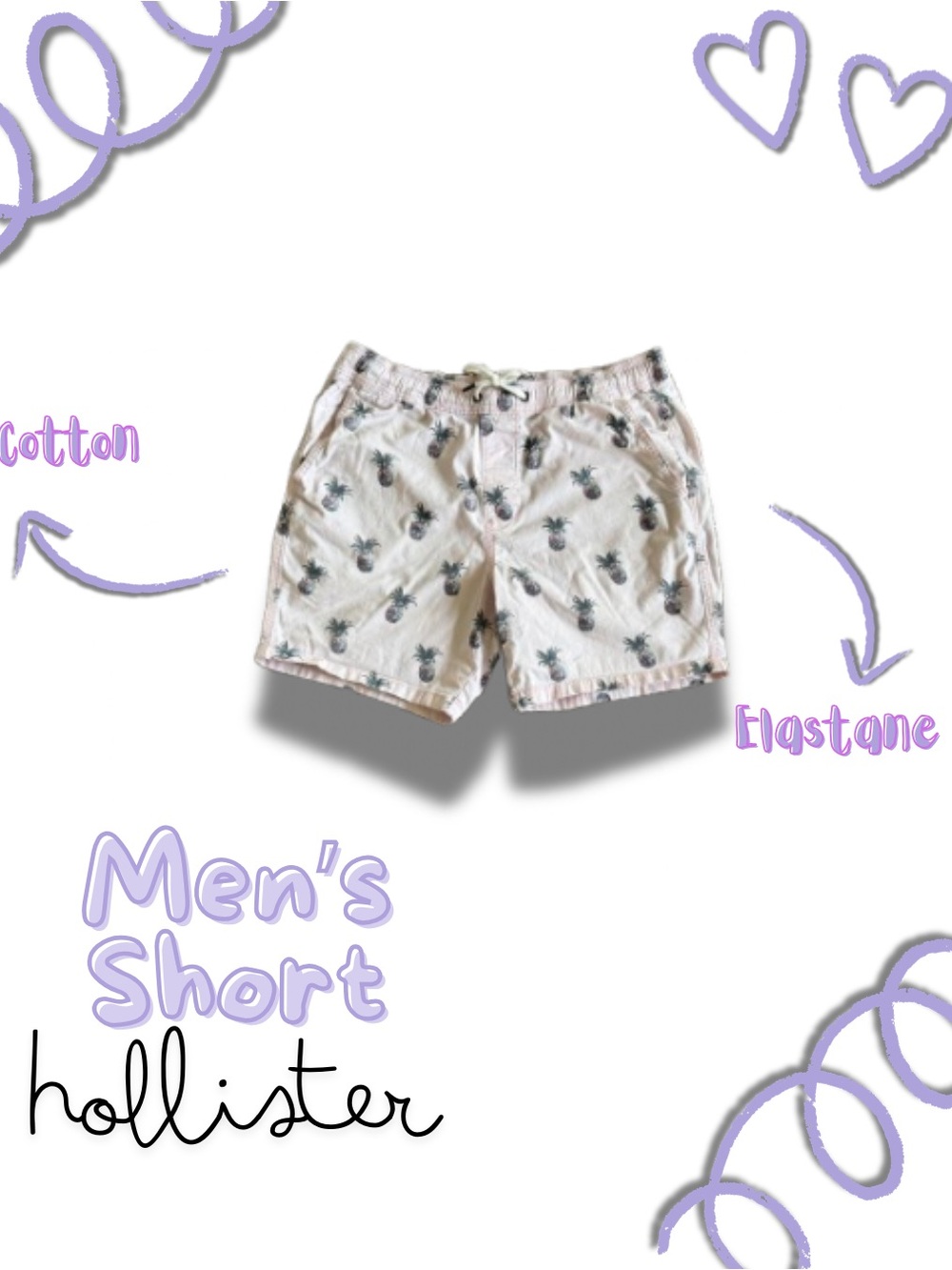 Hollister Men’s Cream Swim Shorts with Black Pineapple Print